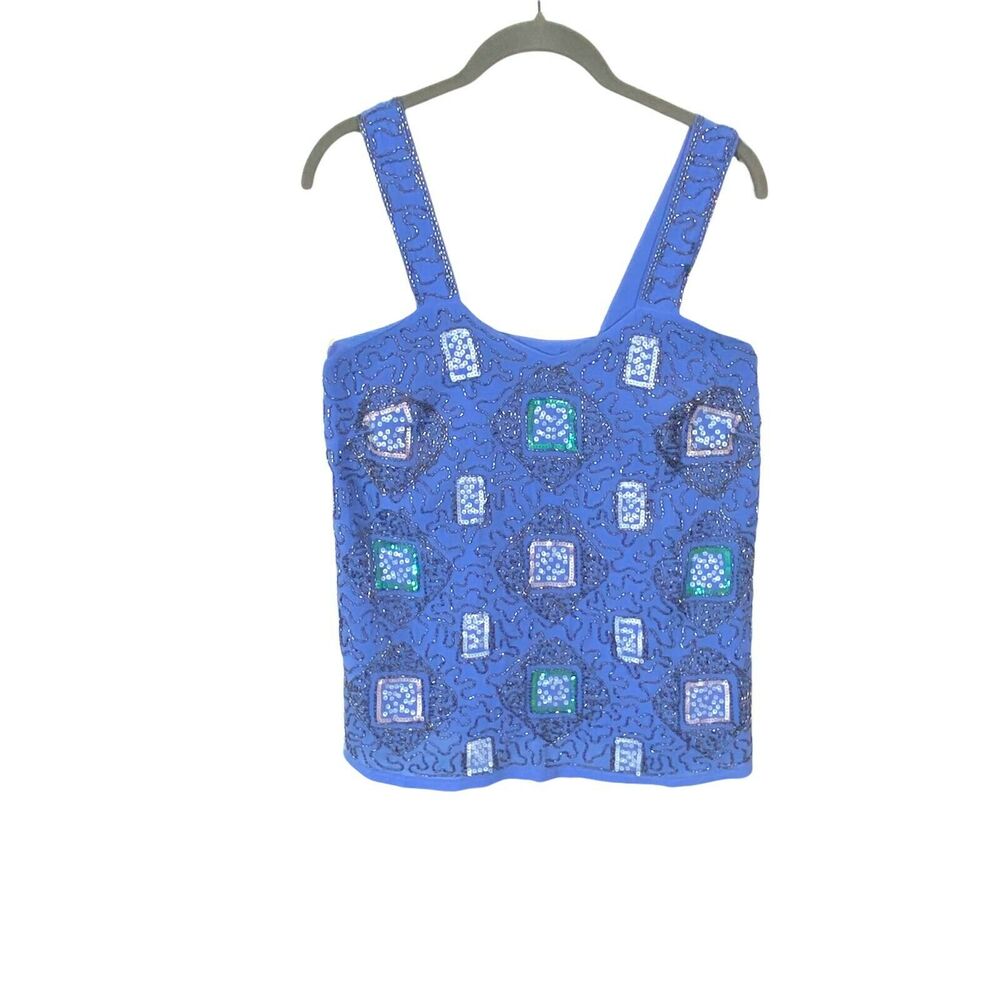 English Rose Sequin Tank Top Womens Blue Green Pink Beaded Camisole Top Sz M y2k